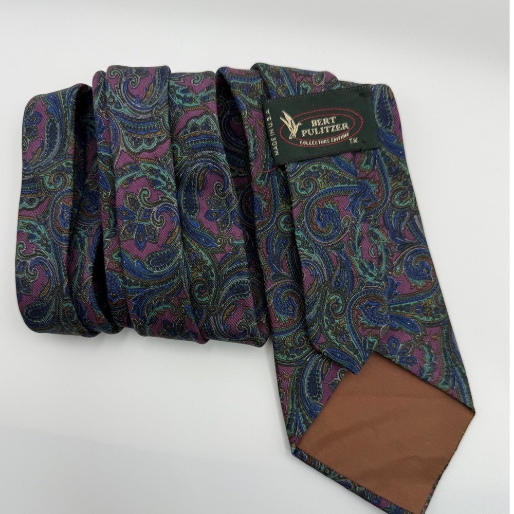 Bert Pulitzer Tie 3.5" Silk Ancient Madder Paisley Purple Teal Vintage Classic - Picture 3 of 8
